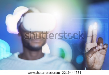 VR man, fingerprint and cyber innovation, user connection and ui biometric login to network password, digital future and metaverse. Hands click on virtual reality, cyber dashboard and futuristic tech