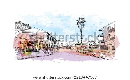 Building view with landmark of Peniscola is the 
municipality in Spain. Watercolor splash with hand drawn sketch illustration in vector.