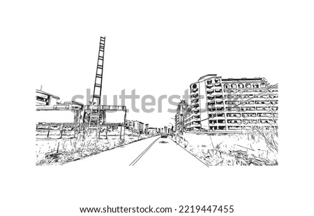Building view with landmark of Peniscola is the 
municipality in Spain. Hand drawn sketch illustration in vector.