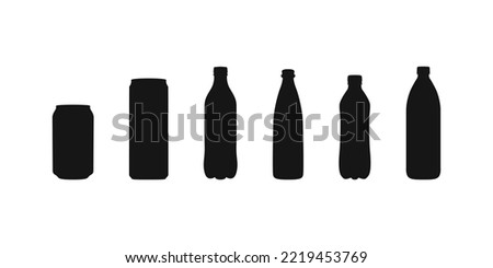 Bottleof water, vector can of soda icon set. Plastic and aluminum bottled beverage symbol. Water, beer, soda and juice silhouette. Royalty-Free Stock Photo #2219453769