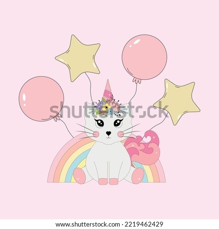 The unicorn cat is sitting on a background of rainbows and balloons.