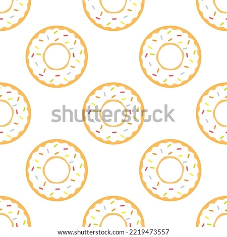 White chocolate donut seamless pattern. Sweet glazed donut with colorful confetti. Unhealthy food. Vector illustration isolated on white background.