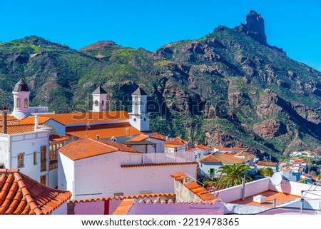 Roque Bentayga overlooking Tejeda village at Gran Canaria, Canary Islands, Spain. Royalty-Free Stock Photo #2219478365