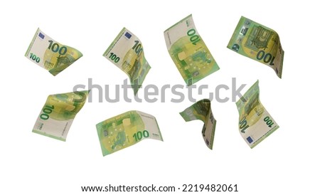 Flying 100 euro cash banknotes isolated on white background. High resolution photo. Royalty-Free Stock Photo #2219482061