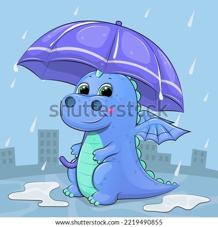 Cute cartoon dragon with an umbrella in the rain. Vector illustration of an animal on a blue background with raindrops and puddles.