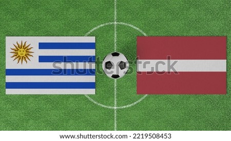 Football Match, Uruguay vs Latvia, Flags of countries with a soccer ball on the football field