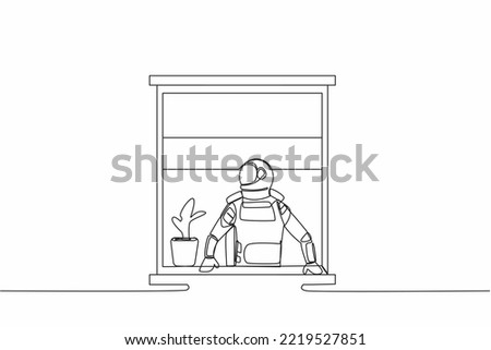 Continuous one line drawing astronaut looking outside window in moon surface. Spaceman with a plant watching out the window. Cosmonaut outer space. Single line draw graphic design vector illustration