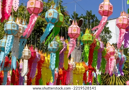 colorful hanging lanterns lighting in loy krathong and new year festival at northern of thailand
