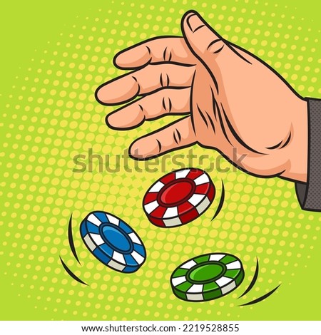 hand throws casino chips pinup pop art retro vector illustration. Comic book style imitation.