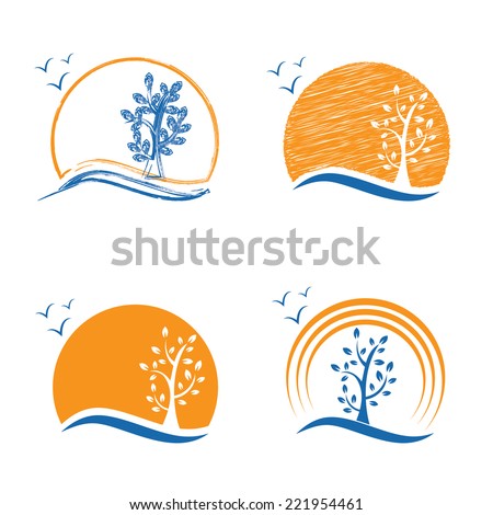 Abstract icon of tree,sun and birds .Vector
