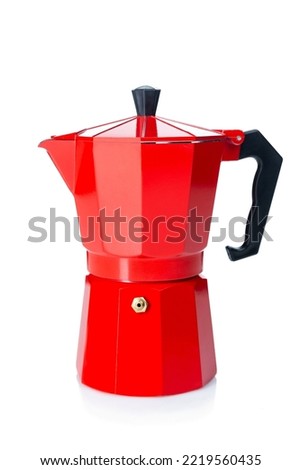 Red geyser coffee maker. Preparation of aromatic drink. Isolated on a white background. Vertical. Appetizing ceremony. Royalty-Free Stock Photo #2219560435