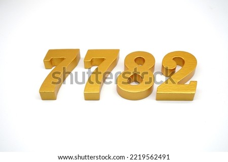  Number 7782 is made of gold-painted teak, 1 centimeter thick, placed on a white background to visualize it in 3D.                               