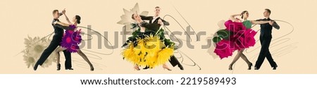 Collage with three couples of ballroom dance dancers in creative floral outfits dancing over light background. Concept of art, music, fashion, party, creativity. Flyer, banner for ad