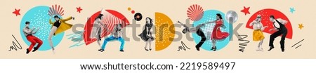 Party time. Contemporary art collage. Dancing couples in retro 70s, 80s styled clothes over light background with drawings. Concept of art, music, fashion, party, creativity. Flyer Royalty-Free Stock Photo #2219589497