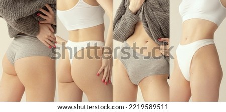 Cropped images of sportive bodies, bellies and breasts and buttocks of young woman in white and grey underwear. Collage. Natural beauty, treatment, healthcare, fitness and diet concept.