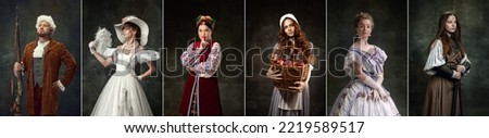 Set of images of actors and actress in image of medieval royalty persons from famous artworks in vintage clothes on dark background. Concept of comparison of eras, renaissance, baroque style. Royalty-Free Stock Photo #2219589517