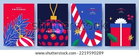 Merry Christmas and Happy New Year Set of greeting cards, posters, holiday covers. Modern Xmas design in blue, green, red, yellow and white colors. Christmas tree, balls, fir branches, gifts elements