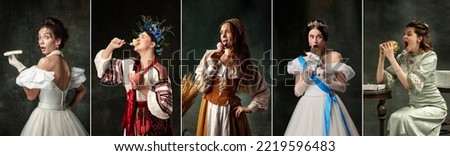 Junk food. Set of images of emotional actress in image of medieval persons from famous artworks in vintage clothes on dark background. Concept of comparison of eras, renaissance, baroque style. Royalty-Free Stock Photo #2219596483