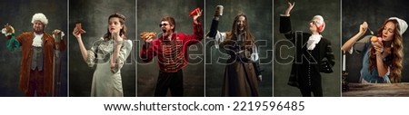 Fast food party. Collage with young people in image of medieval royalty persons from famous artworks in vintage clothes having fun on dark background. Concept of comparison of eras Royalty-Free Stock Photo #2219596485