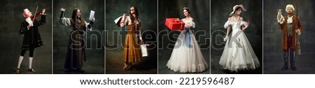 Set of images of actors and actress in image of medieval royalty persons from famous artworks in vintage clothes on dark background. Concept of comparison of eras, renaissance, baroque style. Royalty-Free Stock Photo #2219596487
