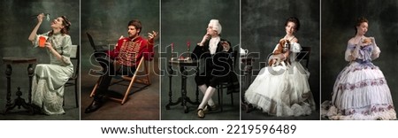 Set of images of actors and actress in image of medieval royalty persons from famous artworks in vintage clothes on dark background. Concept of comparison of eras, renaissance, baroque style. Royalty-Free Stock Photo #2219596489