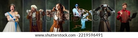 Collage with portraits of actors and actress in image of medieval royalty persons from famous artworks in vintage clothes on dark background. Concept of comparison of eras, renaissance Royalty-Free Stock Photo #2219596491