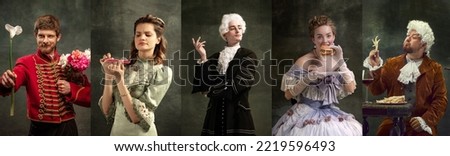 Set of images of actors and actress in image of medieval royalty persons from famous artworks in vintage clothes on dark background. Concept of comparison of eras, renaissance, baroque style. Royalty-Free Stock Photo #2219596493
