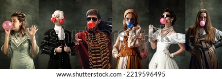 Set of images of actors and actress in image of medieval royalty persons from famous artworks in vintage clothes on dark background. Concept of comparison of eras, renaissance, baroque style. Royalty-Free Stock Photo #2219596495