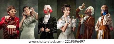 Fun, joy. Set of images of actors and actress in image of medieval royalty persons in vintage clothes having fun on dark background. Concept of comparison of eras, renaissance, baroque style. Royalty-Free Stock Photo #2219596497
