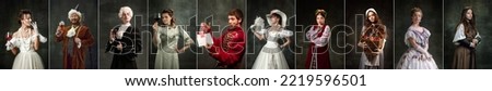 Set of images of actors and actress in image of medieval royalty persons from famous artworks in vintage clothes on dark background. Concept of comparison of eras, renaissance, baroque style. Flyer Royalty-Free Stock Photo #2219596501