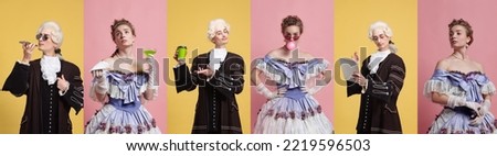 Set of images of actors and actress in image of medieval royalty persons from famous artworks in vintage clothes on dark background. Concept of comparison of eras, renaissance, baroque style. Royalty-Free Stock Photo #2219596503