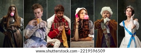 Set of images of actors and actress in image of medieval royalty persons from famous artworks in vintage clothes on dark background. Concept of comparison of eras, renaissance, baroque style. Royalty-Free Stock Photo #2219596509