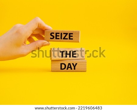 Seize the day symbol. Wooden blocks with words Seize the day. Beautiful yellow background. Businessman hand. Business and Seize the day concept. Copy space. Royalty-Free Stock Photo #2219606483