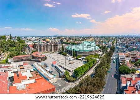 Aerial tour over the famous basilica of Guadalupe next to the Parish of Santa María de Guadalupe Capuchinas and the Capilla del Cerrito Royalty-Free Stock Photo #2219624825
