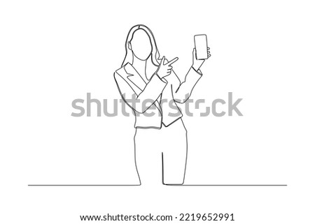 continuous line drawing of  portrait beautiful young woman smile with smart mobile phone