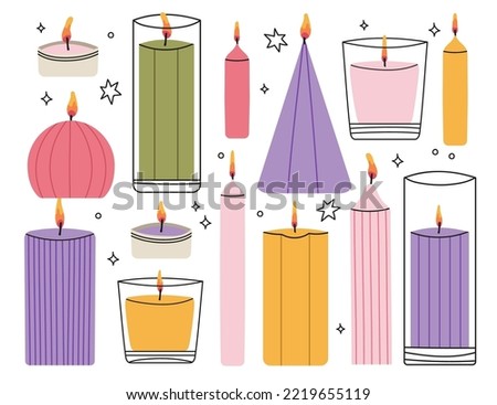 Various Candles. Different shapes and sizes. Decorative wax bright candles for relax and spa.Cute handmade perfumed decoration. Hand drawn Vector illustration.Home aromatherapy, hygge home decoration