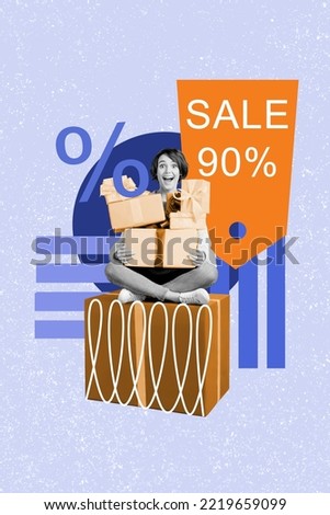 Vertical collage picture of impressed girl black white colors hold pile stack giftbox 90 sale isolated on painted background