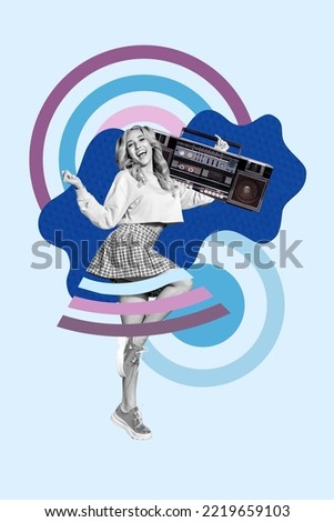Vertical collage image of excited positive girl black white gamma carry boombox dancing isolated on painted background