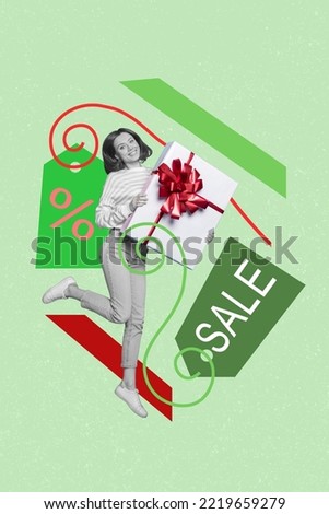 Vertical collage image of excited girl black white gamma jump hands hold giftbox sale shopping isolated on panted background