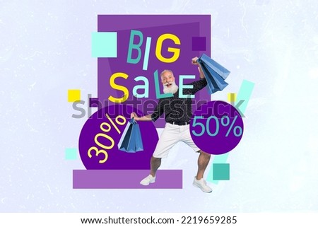 Collage portrait of excited overjoyed aged person hold shopping packages big sale advert isolated on painted background