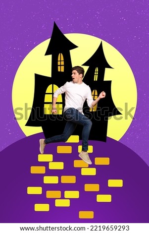 Vertical collage image of terrified guy running away ghost castle isolated on creative drawing background