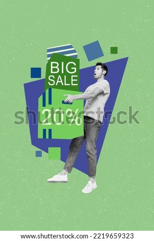 Vertical collage image of impressed guy black white effect hold big box 20 sale isolated on painted background Royalty-Free Stock Photo #2219659323
