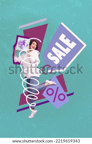 Vertical collage image of excited positive girl hold giftbox sale announcement advert isolated on painted background