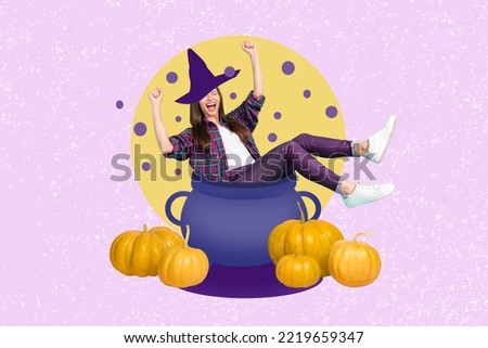 Composite collage picture of excited overjoyed girl sitting inside poison cauldron isolated on creative background