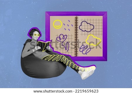 Composite collage image of happy girl black white effect sitting beanbag read book painted notebook wooden frame isolated on drawing background