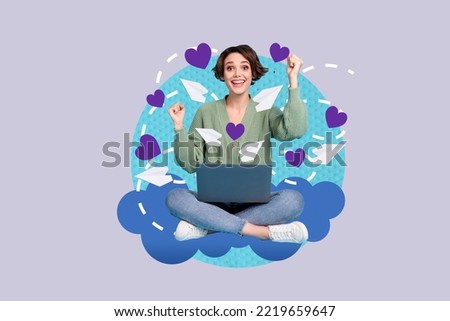 Composite collage image of delighted excited girl raise fists celebrate achieve use netbook flying paper planes hearts