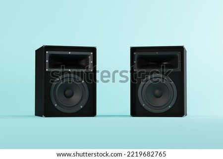 Black speakers on a blue background. Concept of playing music, making music, DJ. 3d render, 3d illustration.
