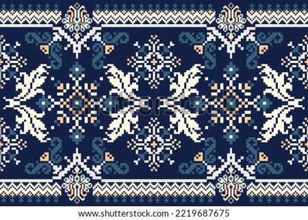 floral cross stitch embroidery on navy blue background.geometric ethnic oriental pattern traditional.Aztec style abstract vector illustration.design for texture,fabric,clothing,wrapping,carpet,print.