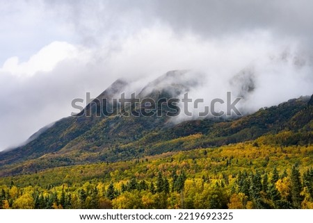 Misty fall landscape on mountain slopes, Katmai National Park, Alaska
