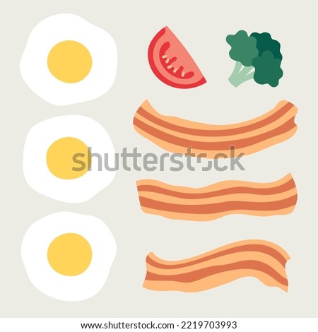 Low-carb breakfast food illustrations: fried eggs and bacon, tomato, and broccoli